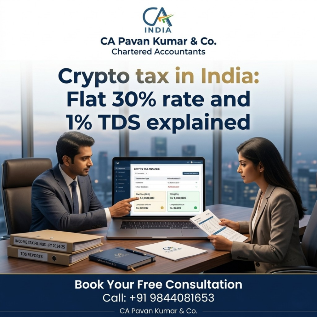 crypto tax india 30 percent rate 1 percent tds ca pavan kumar